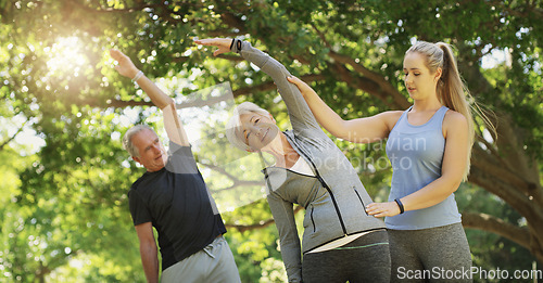 Image of Yoga, fitness and an old couple with their coach in a park for a health or active lifestyle. Exercise, wellness or zen and senior people training outdoor for a workout with their personal trainer