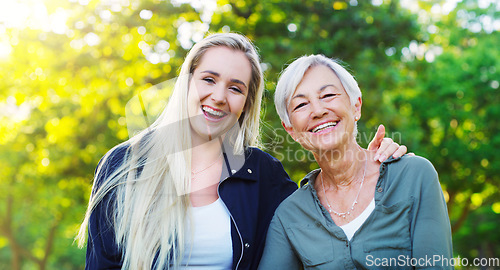 Image of Portrait, senior woman and adult daughter in park, happy outdoor with hug, laughter and spending quality time together. Love, trust and relationship, people in nature and good humor while bonding
