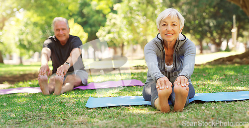 Image of Portrait, yoga and senior couple in a park, meditation and exercise with sunshine, balance or wellness. Face, mature man or old woman with workout, fitness and outdoor with retirement and performance