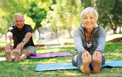 Image of Portrait, fitness and senior couple in a park, yoga and meditation for wellness, workout and healthy lifestyle. Face, mature woman or old man outdoor, stretching and exercise for balance or fresh air