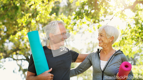 Image of Old couple outdoor, yoga and fitness and hug in park, zen with spiritual healing and happiness. Marriage, retirement and people bonding with smile and exercise mat, nature and health with wellness