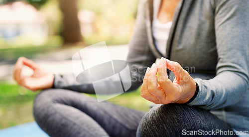 Image of Woman in park, yoga and meditation with lotus pose, fitness outdoor with zen and spiritual healing. Female person hand, exercise in nature and meditate for health with wellness and mindfulness