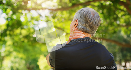 Image of Back view of senior man, neck pain and injury outdoor, fibromyalgia health problem and joint ache from exercise. Male pensioner with arthritis, retirement with fitness in park and mockup space