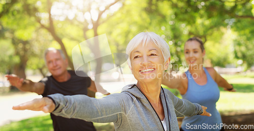 Image of Yoga, fitness and an old couple with their personal trainer in a park for a health or active lifestyle. Exercise, wellness or zen and senior people outdoor for a workout with their pilates coach
