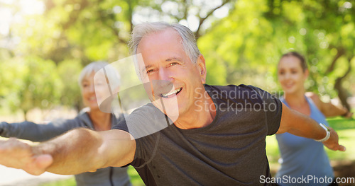 Image of Yoga, exercise and an old couple with their coach in a park for a health or active lifestyle. Fitness, wellness or zen and senior people training outdoor for a workout with their personal trainer