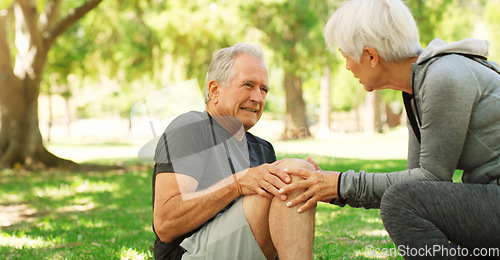 Image of Old couple, man with knee pain and injury outdoor, fibromyalgia health problem and joint ache from exercise. Woman helping, arthritis and people in retirement with fitness in park and mockup space