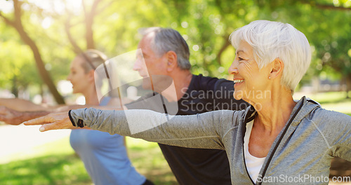 Image of Yoga, fitness and an old couple with their personal trainer in a garden for a health or active lifestyle. Exercise, wellness or zen and senior people outdoor for training with their pilates coach