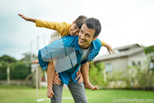 Image of Love, children and a son on back of his dad outdoor in the garden to fly like an airplane while bonding together. Family, kids and a father carrying his male child while playing a game in the yard