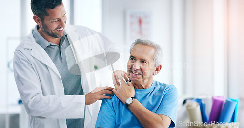 Image of Senior man, shoulder and physiotherapy doctor with check, inspection and care for injury in retirement at clinic. Happy medic, physio and men together for rehabilitation, recovery and help for health