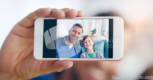 Image of Happy father, child and smile in selfie, profile picture or social media post relaxing on sofa at home. Dad and kid smiling for photo, memory or online vlog together on living room couch in the house