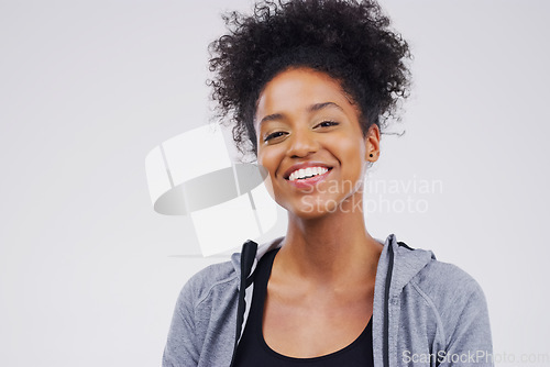 Image of Portrait, mockup and black woman with a smile, fitness and confident girl against grey studio background. Face, female person or model with happiness, casual outfit or cheerful with positive attitude