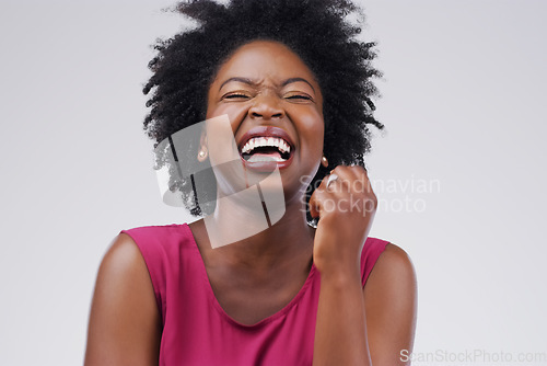 Image of Happy, laughing and a black woman with comedy and smile isolated on a white background in a studio. Funny, mature and an African person with a laugh for a joke, happiness and smiling on a backdrop