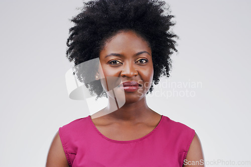 Image of Portrait of real black woman, white background with smile and positive attitude for small business owner. Focus, businesswoman with happy mindset and face of African model isolated on studio backdrop