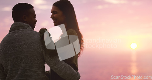 Image of Couple, hug and sunset sky at the beach for happy memory on vacation, holiday or adventure. A man and woman together for love, marriage and travel or date by ocean in nature with outdoor mockup space