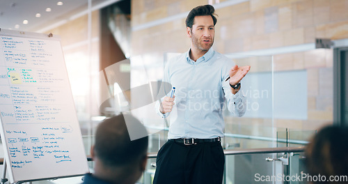 Image of Business man, speaker and board at conference, presentation or workshop with question, writing and talk. Leader, coach and mentor with whiteboard, training and advice for team in meeting room