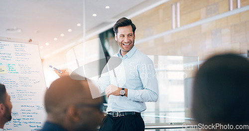 Image of Business man, speaker and board at workshop, presentation or conference with question, pointing and talk. Leader, coaching and mentor with whiteboard, training and advice for analysis in meeting room