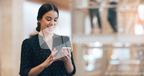 Image of Business woman, texting and reading with space in office mockup for networking, chat or email communication. Happy businesswoman, smartphone or typing for schedule, notes or social media app at job