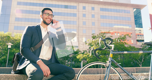 Image of Phone call, business man and bicycle in city to travel with eco friendly transport. Cellphone, bike and happy male professional talking, speaking and discussion while sitting on steps in urban street