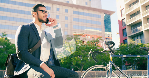 Image of Phone call, business man and bicycle on steps in city to travel with eco friendly transport. Cellphone, bike and male professional on stairs talking, thinking and discussion while sitting on street.