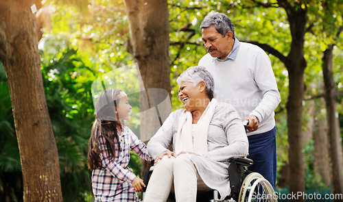 Image of Love, happy family and grandparents with grandchild in a nature park outdoors. Care or support, lens flare and cheerful or excited people in green environment spending quality time together