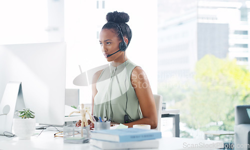 Image of Woman, callcenter and contact us, phone call with CRM and headset, consultant working at computer. Customer service, telemarketing and female agent on help desk, tech support and communication