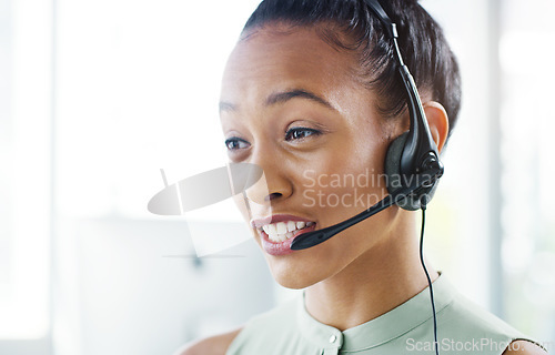 Image of Woman, face and callcenter with headset and call, CRM and happy consultant with tech support and contact us. Customer service, telemarketing and female agent on help desk, talking and mockup space