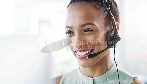 Image of Woman, face and callcenter with headset and phone call, CRM and happy consultant, contact us and mockup space. Customer service, telemarketing and female agent on help desk, tech support and smile