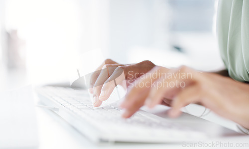 Image of Hands, typing and keyboard with computer, woman and planning with creativity for content creator job. Female, digital entrepreneur and writing with pc, desktop and creative for social media manager