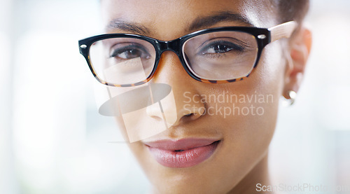 Image of Woman, face with glasses and vision with eye care, prescription lens and frame with optometry and health. Eyesight, designer eyewear and female person with spectacles, ophthalmology and portrait