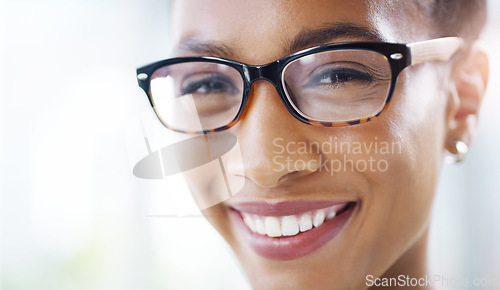 Image of Happy woman, face with glasses and vision with eye care, prescription lens and frame, optometry and health. Eyesight, eyewear and female person in spectacles with smile, ophthalmology and portrait