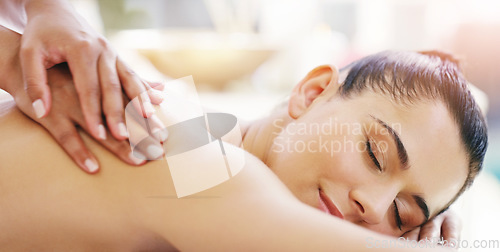 Image of Spa, relax and hands massage back of a client for skin care, self love and luxury cosmetic stress relief for body. Scrubbing, beauty and person or woman in dermatology salon to exfoliate for wellness