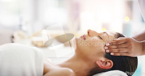 Image of Woman, hands and sleeping at spa for facial treatment, healthy wellness or physical therapy at resort. Calm female person relaxing in peaceful sleep for luxury body care or face massage at the salon