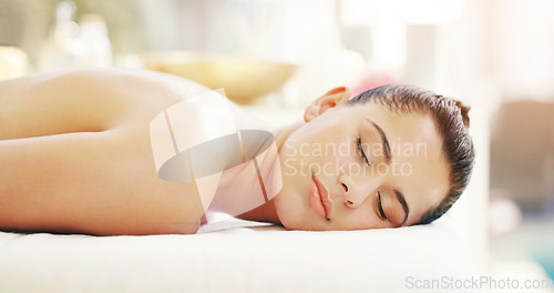 Image of Woman, sleeping and relax at spa in zen for healthy wellness, physical therapy or treatment at the resort. Happy female person relaxing in peaceful sleep for luxury body care or massage at the salon