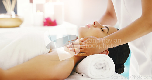 Image of Woman, hands and face massage at spa for zen, physical therapy or healthy wellness in relax at resort. Calm female person relaxing or sleeping in luxury facial treatment or stress relief at the salon