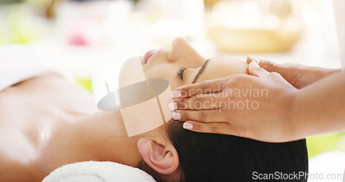 Image of Woman, hands and sleeping in face massage at spa for zen, physical therapy or healthy wellness in relax at resort. Calm female person relaxing or sleep in luxury facial treatment or relief at salon