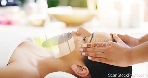 Image of Woman, hands and face massage at salon for zen, physical therapy or healthy wellness in relax at resort. Calm female person relaxing or sleeping in luxury facial treatment or stress relief at the spa