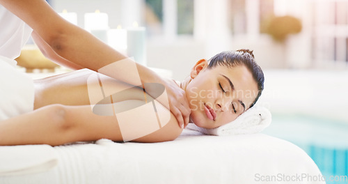 Image of Woman, relax and sleeping in back massage at spa for healthy wellness, zen or physical therapy at resort. Calm female person, relaxing or sleep in luxury body care, reiki or treatment at the salon