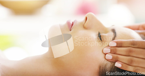 Image of Woman, hands and face sleeping in spa massage for zen, physical therapy or healthy wellness at resort. Calm female person in relax or sleep for luxury facial treatment, body care or relief at salon