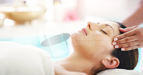 Image of Woman, hands and face massage at spa for healthy wellness, skincare or stress relief in relax at resort. Hand of masseuse with calm female person relaxing in peaceful zen or facial treatment at salon