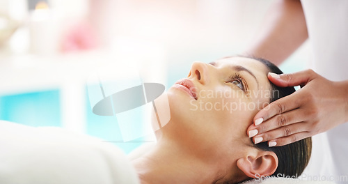 Image of Woman, hands and face massage at salon for healthy wellness, skincare or stress relief in relax at resort. Hand of masseuse with calm female person relaxing in peaceful zen or facial treatment at spa