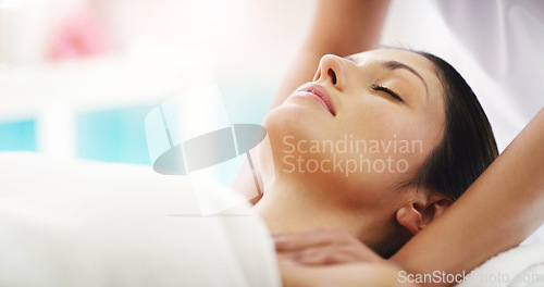 Image of Woman, hands and massage in relax at spa for healthy wellness, skincare or stress relief at resort. Hand of masseuse with calm female person relaxing in peaceful zen or body treatment at the salon