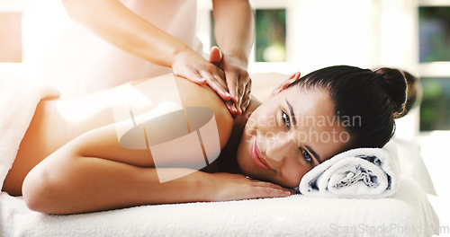 Image of Happy woman, relax and massage at spa for healthy wellness, skincare or stress relief at resort. Calm female person relaxing with smile in peaceful zen or luxury body and back treatment at the salon