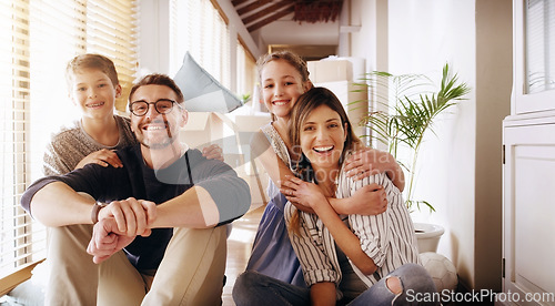 Image of Parents, children and a portrait of a family moving house for a new start after real estate purchase. Homeowner mom, dad and kids as happy people in the living room of their property investment