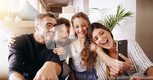 Image of Selfie, mom and dad with kids, family home and smile with happiness, bonding and excited with mobile app. Man, woman and children with profile picture, photography and happy in new house for memory