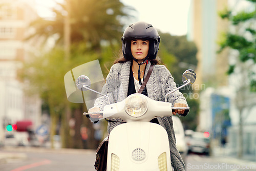 Image of Woman, motorbike and transport in city, road or thinking with helmet, journey or travel in summer sunshine. Girl, motorcycle and outdoor in metro for transportation, vacation or freedom on street