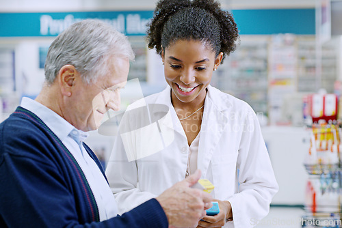 Image of Pharmacy, pharmacist and woman help old man for pills, assistance and medical service in drug store. Healthcare, clinic and female worker with elderly male for medicine, prescription and medication