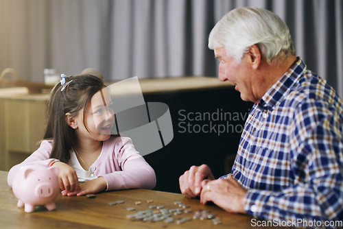 Image of Money, piggy bank and learning with child and grandfather for savings, investment and help. Growth, cash and future with young girl and old man in family home for generations, finance and support