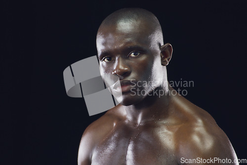 Image of Bodybuilder, fitness and portrait of black man with sweat on dark background for workout, exercise and training. Sports, strong body and face of serious male person with power, motivation and focus