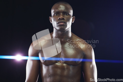 Image of Strong, fitness and portrait of black man with muscle on dark background for workout, exercise and training. Sports, power and face of serious male body builder with dedication, motivation and focus