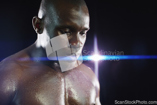 Image of Thinking, fitness and face of black man with sweat on dark background for workout, exercise and training. Sports, strong muscle and serious male body builder with dedication, motivation and focus